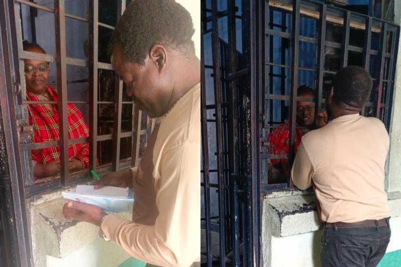 Photocollage of Senator Okiya Omtatah visiting Rose Njeri at Pangani Police Station.
